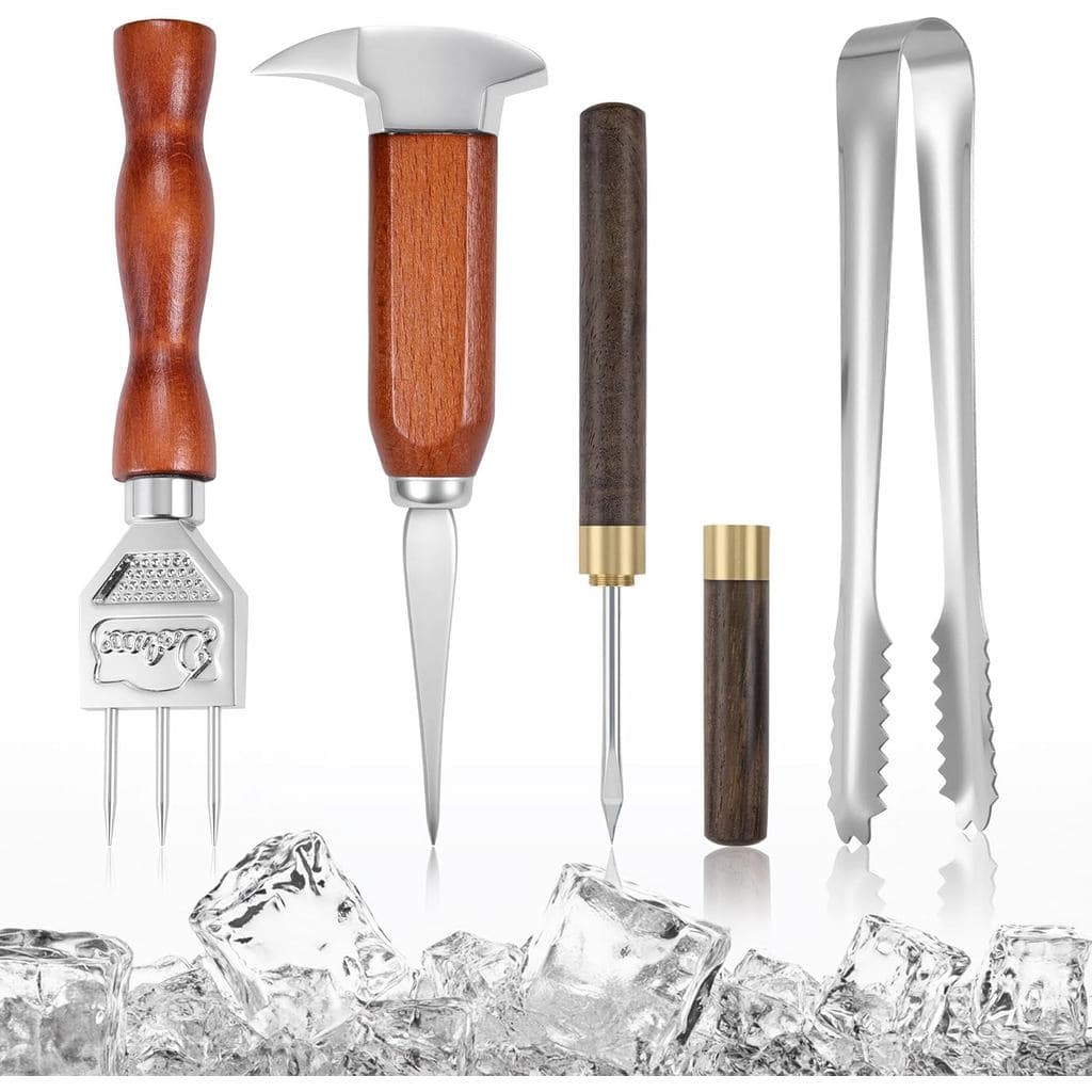 Conjunto de 4 Picadores de Gelo, Picador de Gelo em Aço Inoxidável com Cabo de Madeira, Kit de Bartender para Esmagar Ge