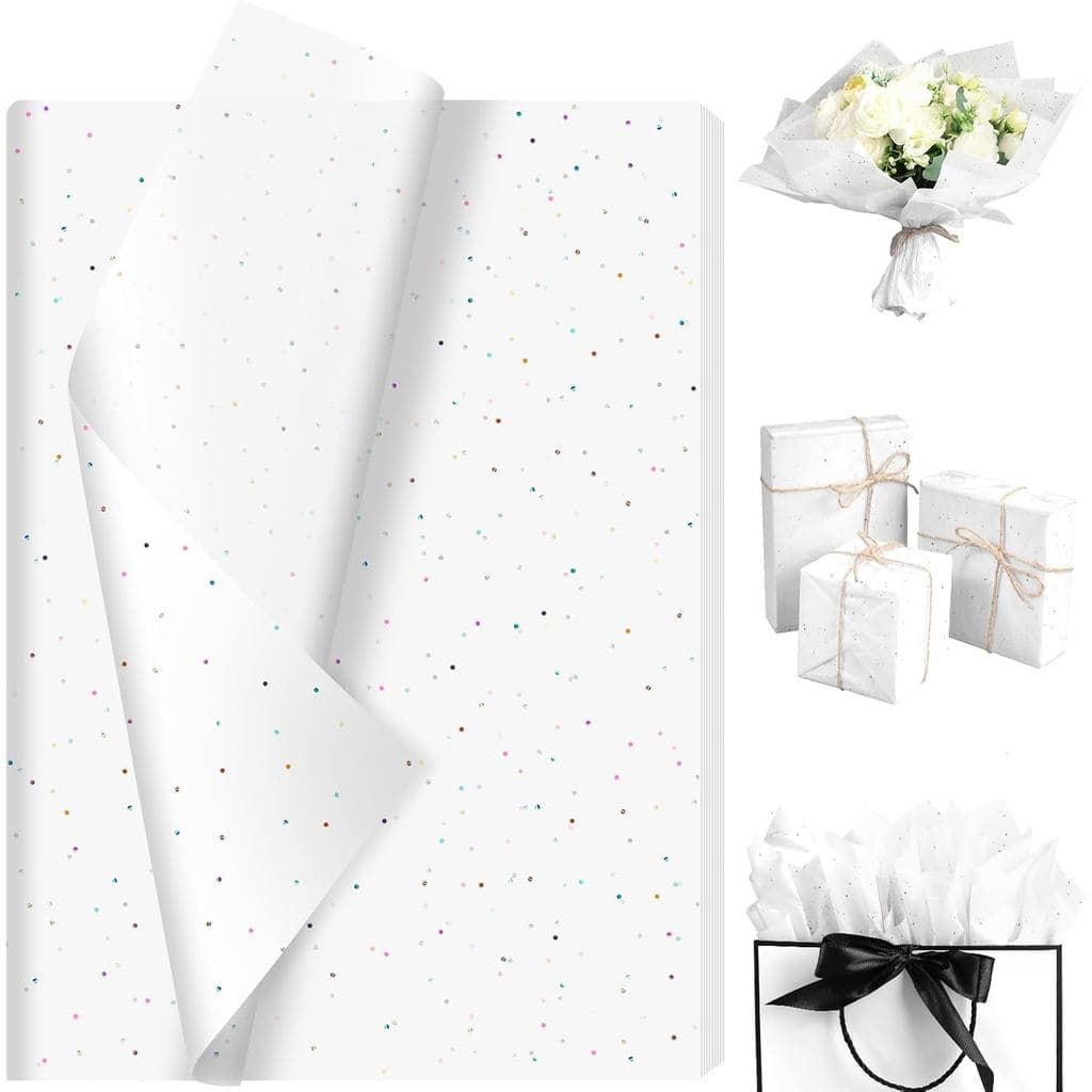 120 Folhas de Papel de Seda Brilhante para Presentes, Papel de Embrulho Branco com Glitter para Natal, Inverno, Artesana