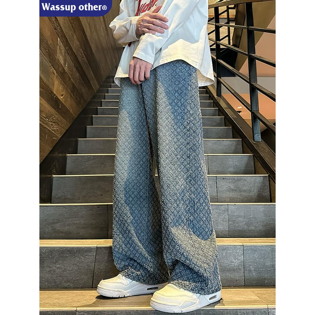 WASSUP OUTRO Céu Estrelado Padrão Jeans Homens Verão Fino Estilo Americano Reto Micro-Flap Calças Compridas de Perna Lar