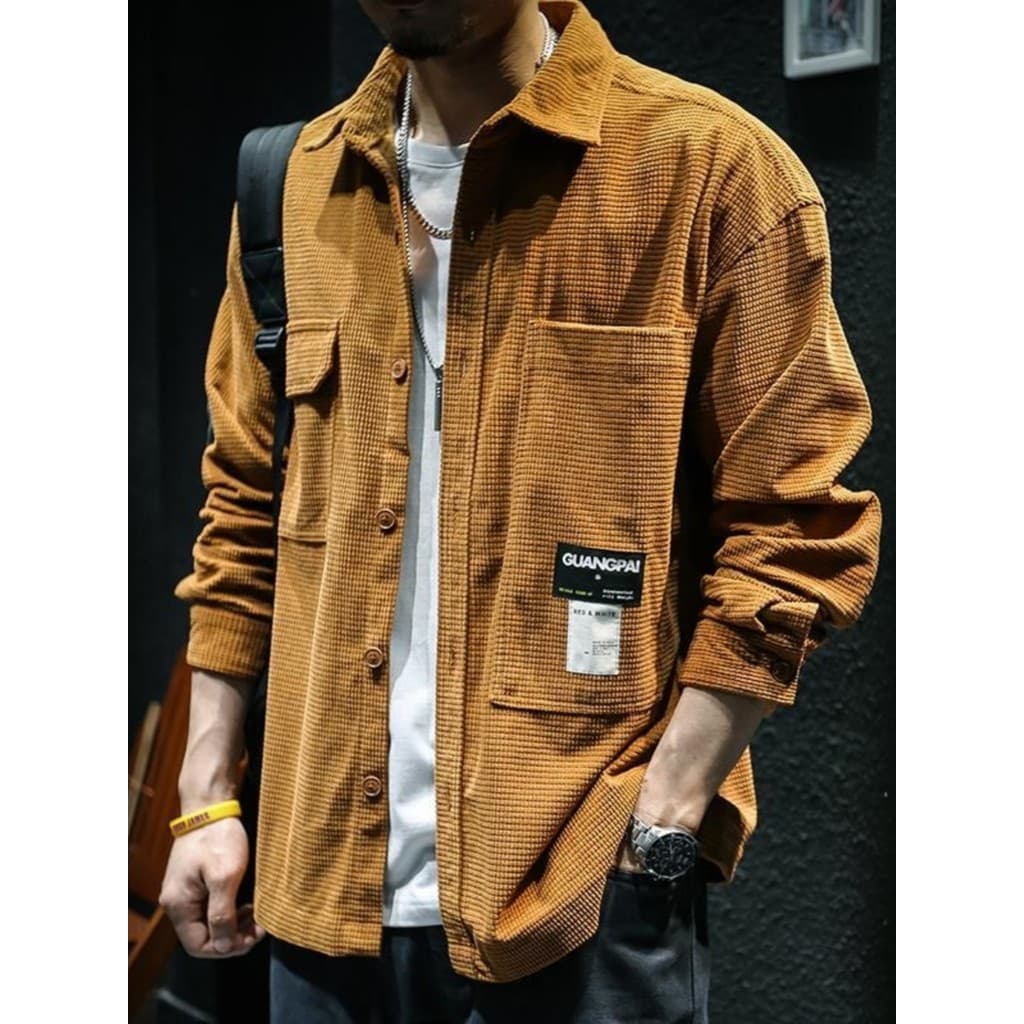 Waffle textura pesada camisa masculina japonês Retro Street Wear Workwear camisa de manga longa primavera outono solto j
