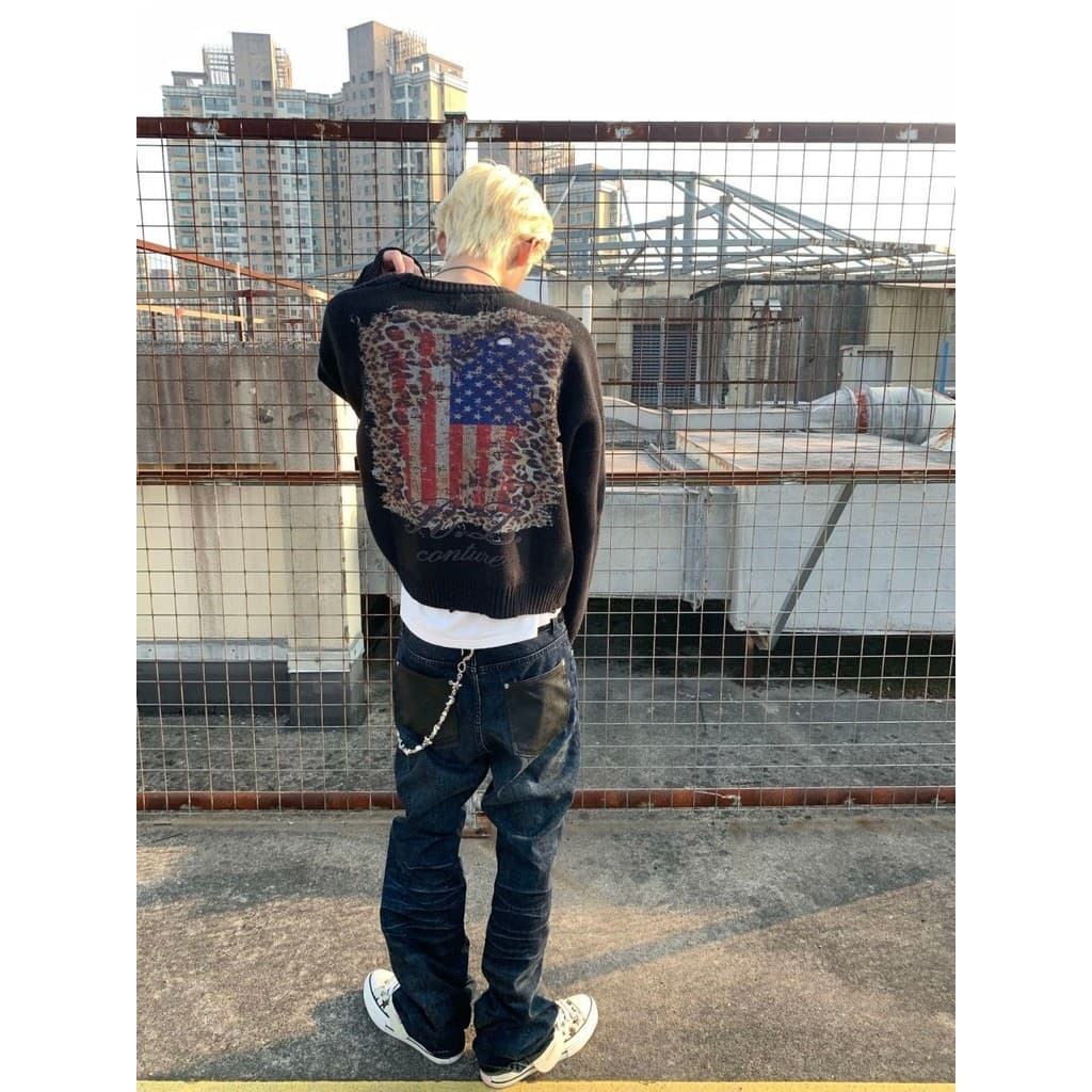 Americano Retro Vintage leopardo impressão bandeira impressão de malha Cardigan masculino feminino Design All-Match Casu