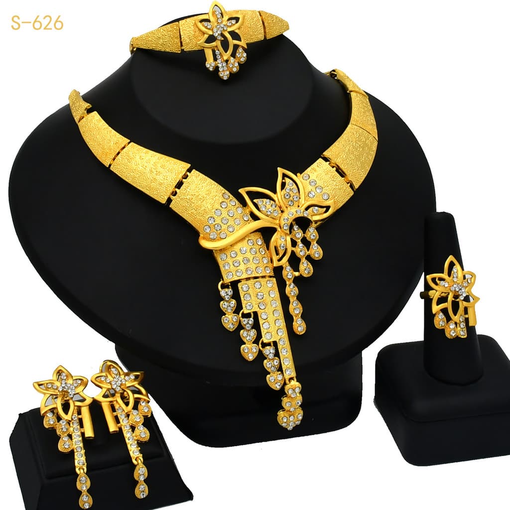Conjunto De Casamento Dubai Banhado A Ouro 24K-Joias De Dama De Honra De 4 Peças Inclui Colar , Brincos , Anel E Pulseir