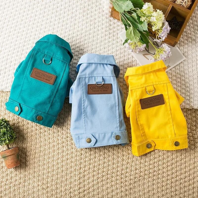 Jaqueta de jeans para animais de estimação com abertura para coleira, adequada para primavera e outono, leve e estilosa,