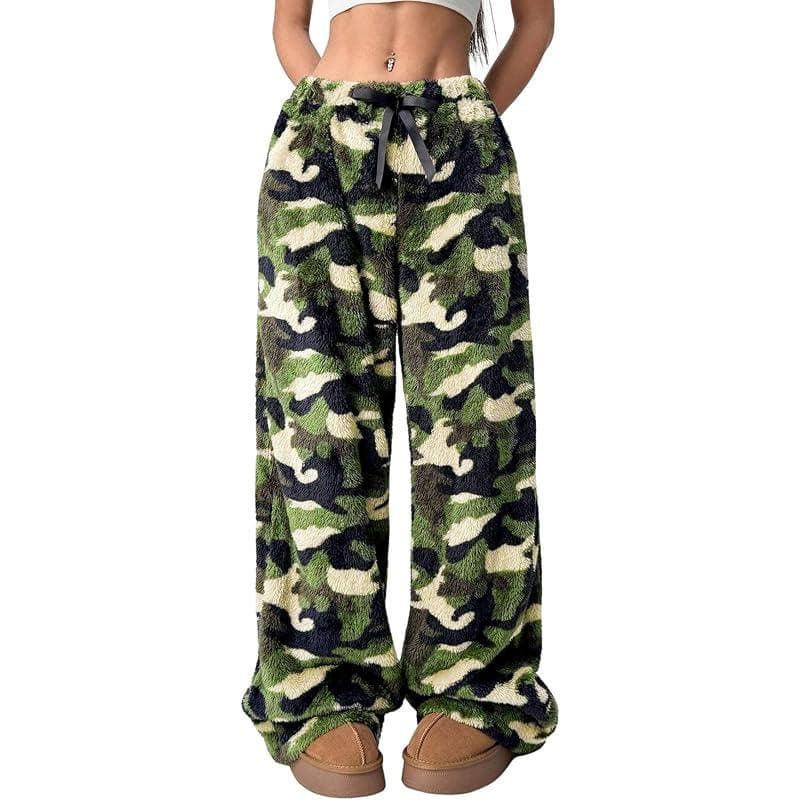 Calça De Pijama Feminina Grossa De Inverno Estampada Solta De Perna Larga