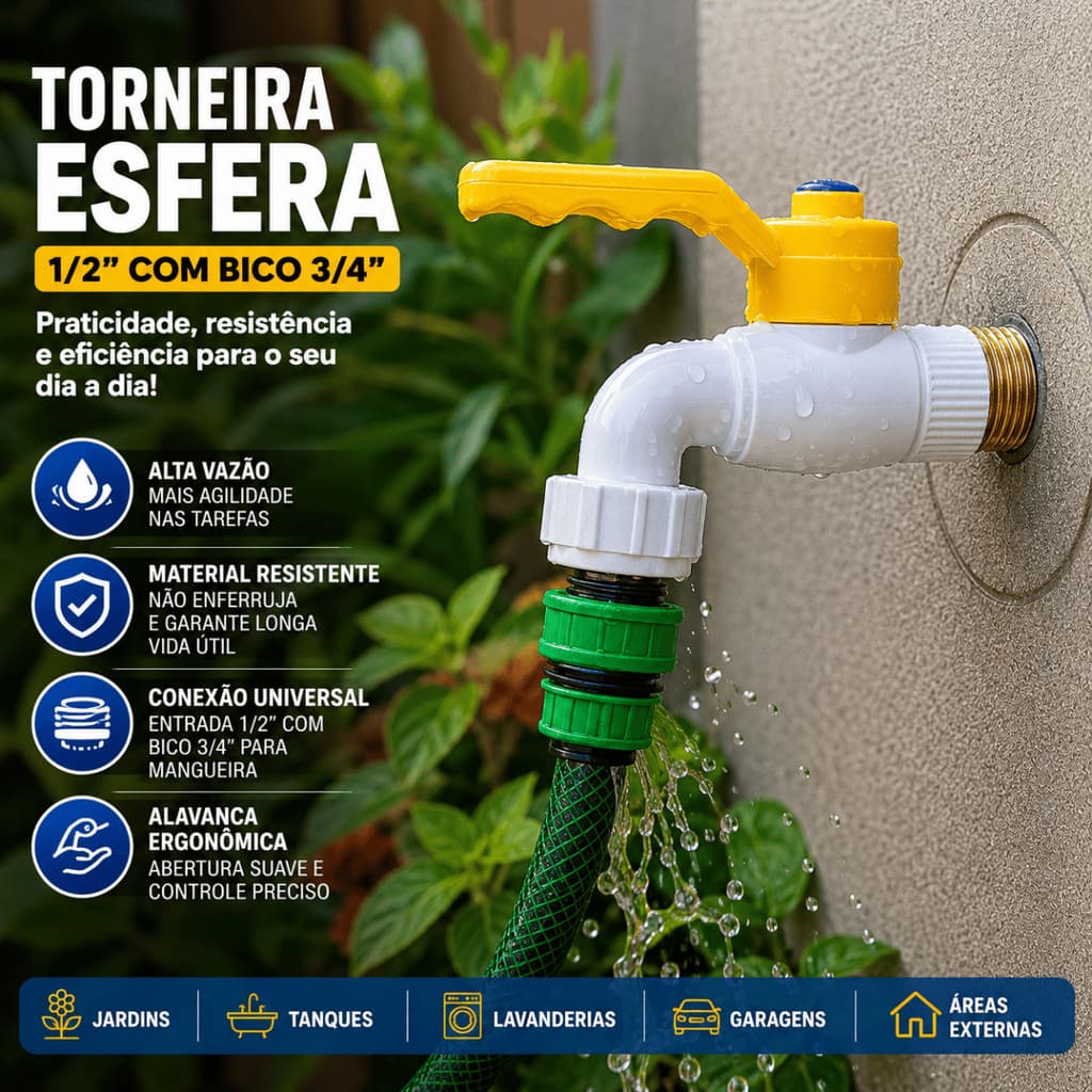 Torneira Esfera Metálica e PVC 1/2 com Bico 3/4 para Mangueira Jardim Tanque Área com Alavanca