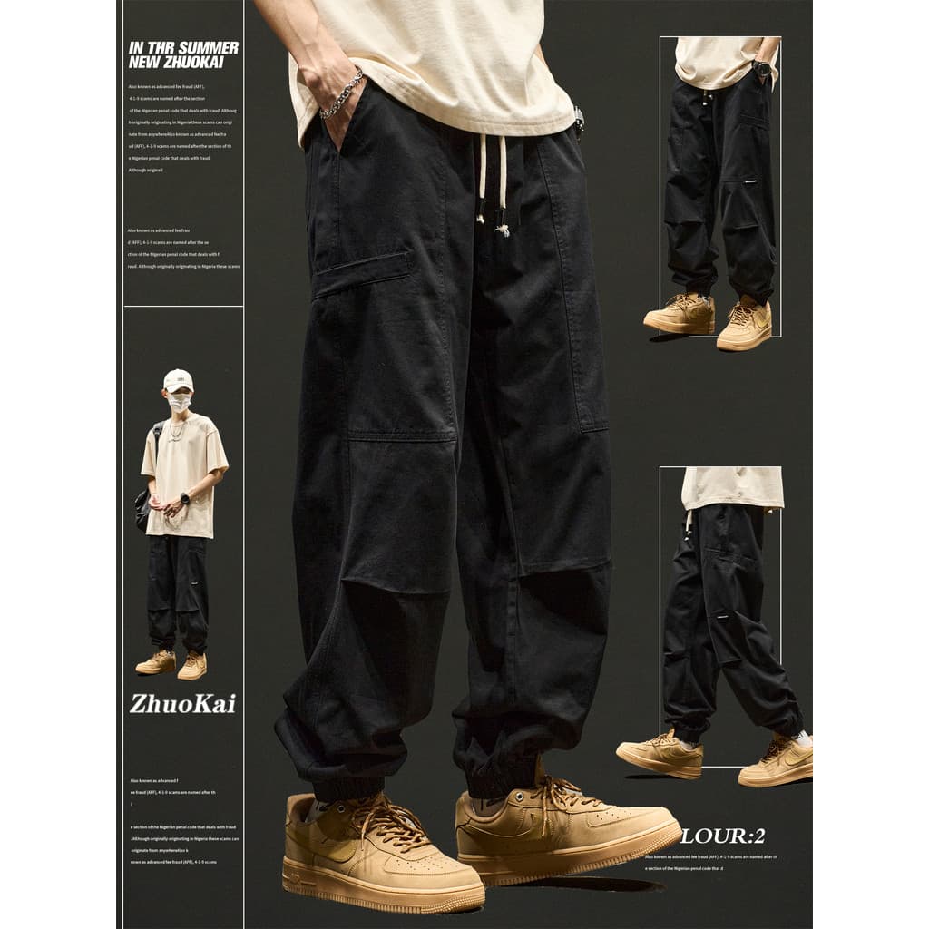 Preto Tie-perna macacão masculino outono inverno estilo americano rufião bonito Casual calças de lã inverno paraquedista