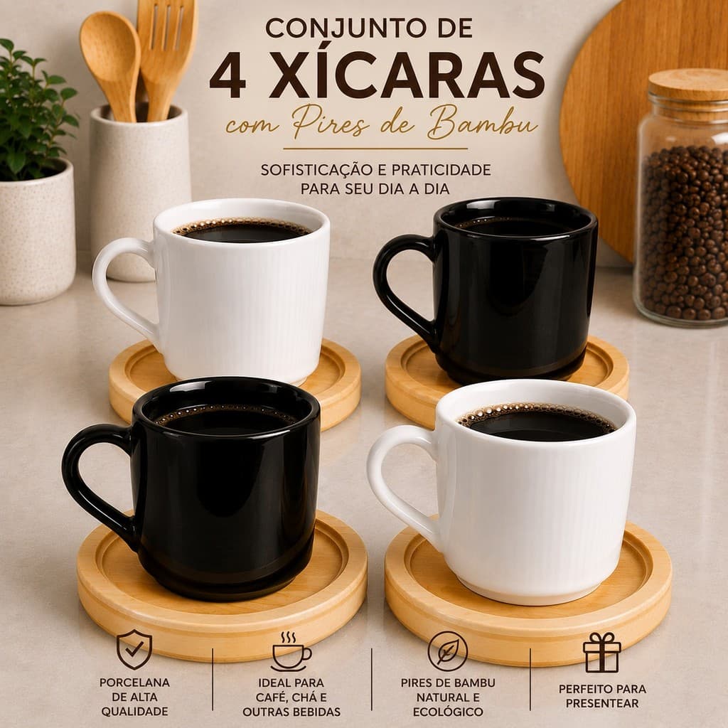 4 xicaras lisa 60 ml porcelana premium cafezinho pires de madeira pronta entrega