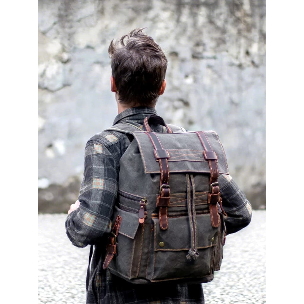 MUCHUAN lona de cera de óleo com mochila retrô de couro de cavalo louco, grande capacidade, novo estilo, à prova d'água,