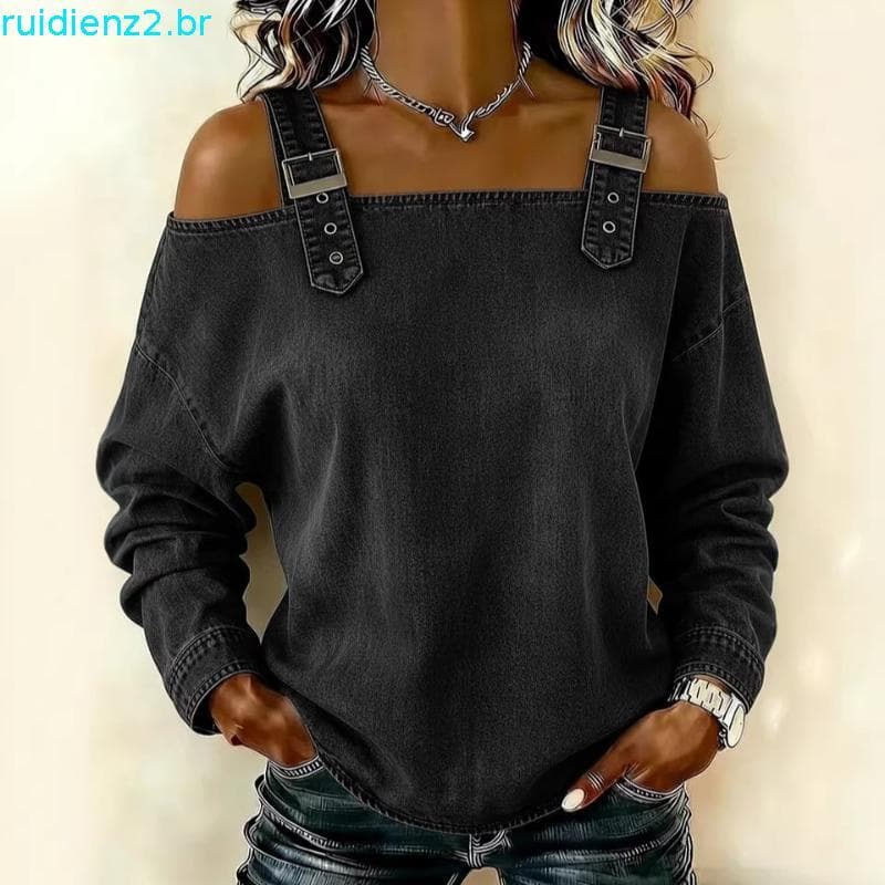 Gravata Reta Feminina Cortada De Verão Novo Estilo Com Alça De Ombro , top Jeans De Manga Comprida , Csa casual Estam