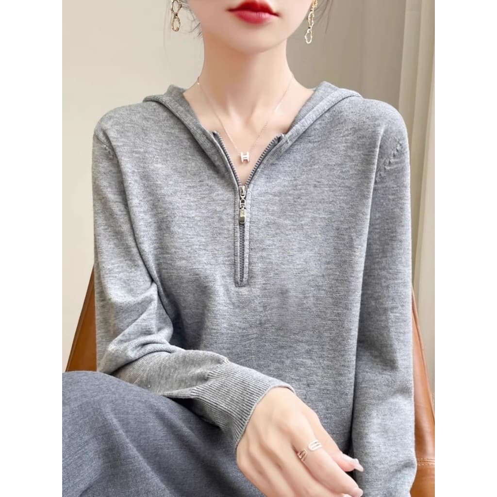 Suéter Casual com capuz e meio zíper, suéter feminino solto com redução de idade, manga comprida, outono inverno, com ca