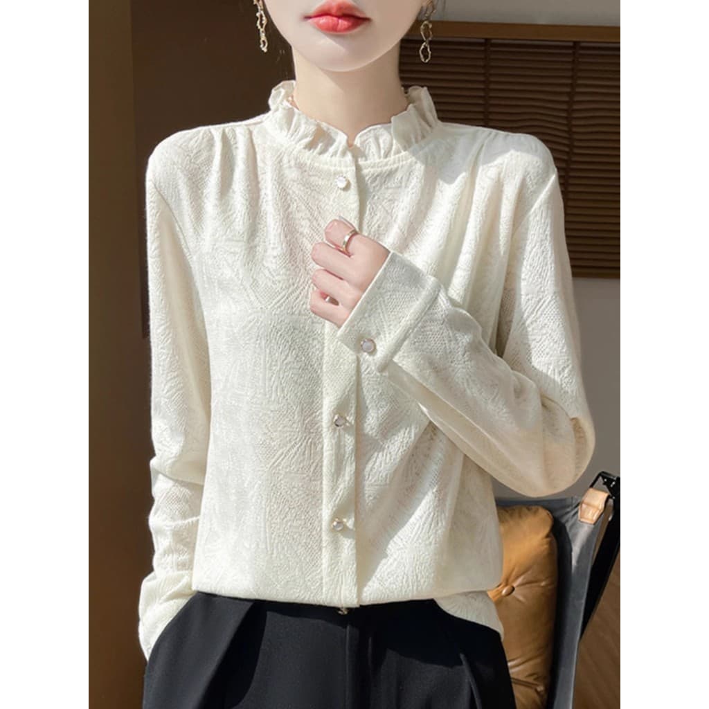 High-End sentimento meia gola de renda alta camisa de manga comprida feminina outono inverno terno interior pequena cami