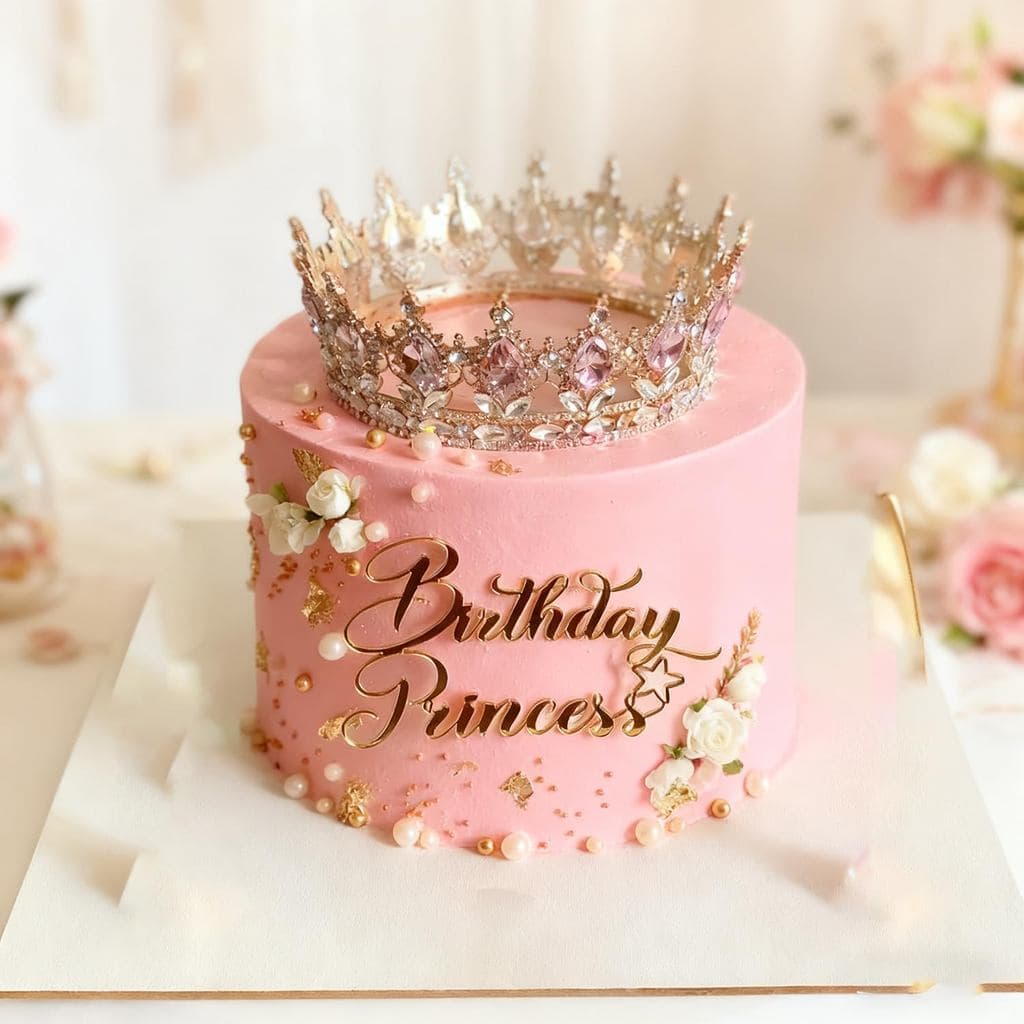 Decoração Lateral para Bolo de Aniversário de Princesa, Topper de Bolo de Aniversário em Acrílico Dourado para Decoração