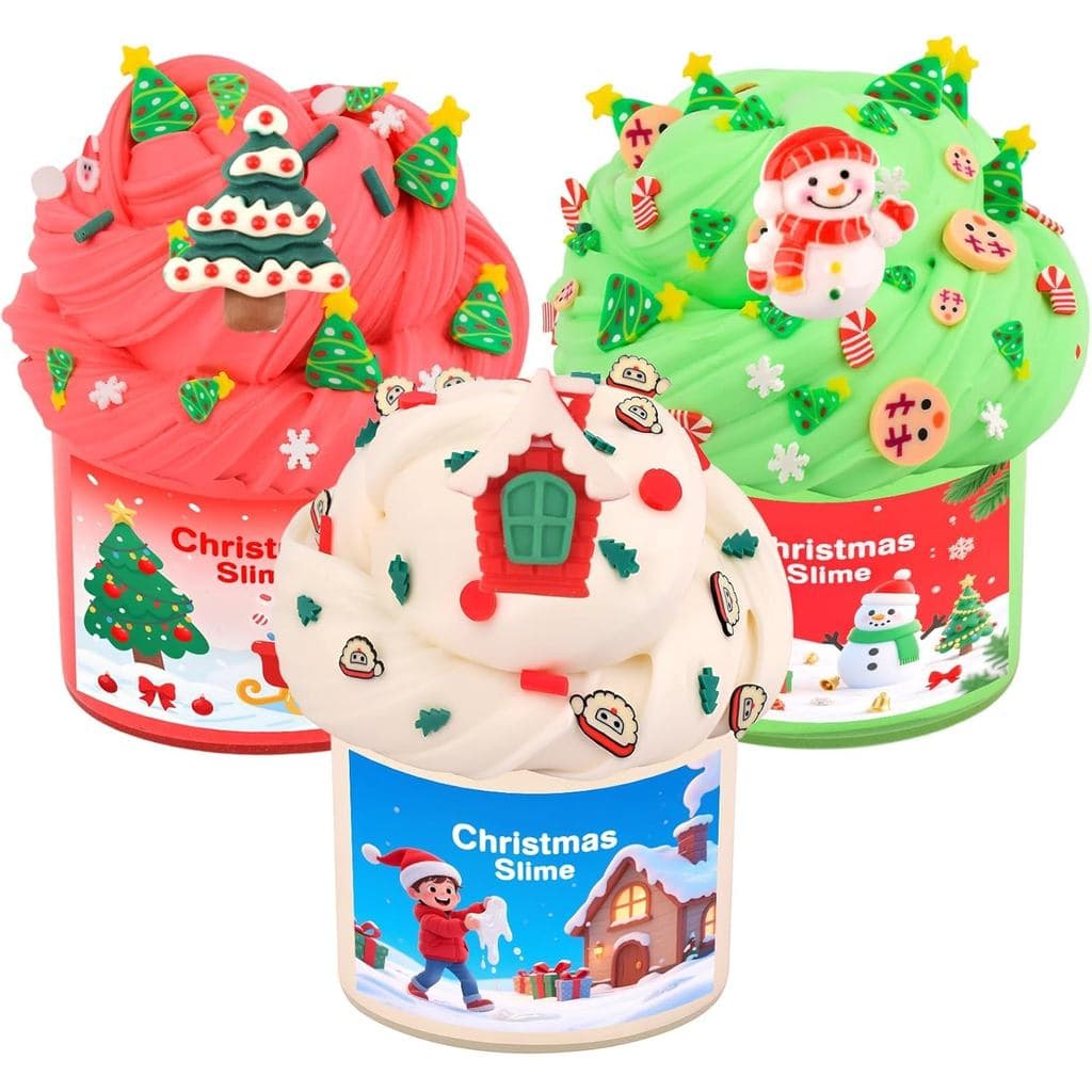 Kit de Slime de Natal com 3 Pacotes de Slime Manteiga, Slime Vermelho, Verde e Branco, Adesivos e Enfeites de Natal, Pre