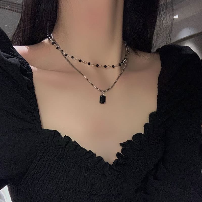 colar femenino colar aço inoxidável Doce legal preto Gem dupla camada em camadas colar feminino nicho High-End Design