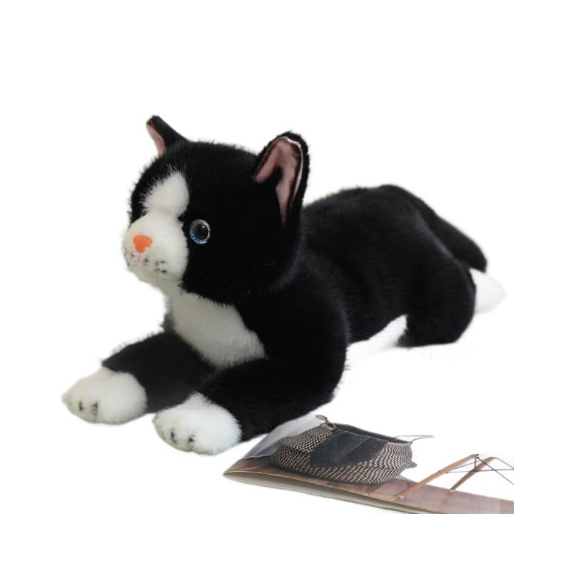 Simulação bonito deitado postura gatinho boneca brinquedo de pelúcia gato preto boneca crianças acompanhando boneca reco
