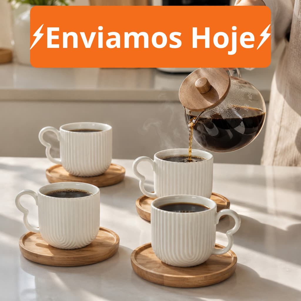 Jogo ate 16 Xícaras Porcelana Branco De Café Chá Com Pires de Bambu Madeira  Oásis 90ml