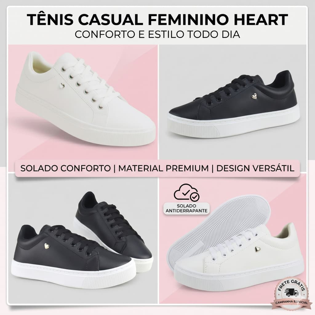 Tênis Casual Feminino Coração Sapatenis Macio Confortável Caminhada Dia a Dia Academia Trabalho Moda Luxo Casual Moderno