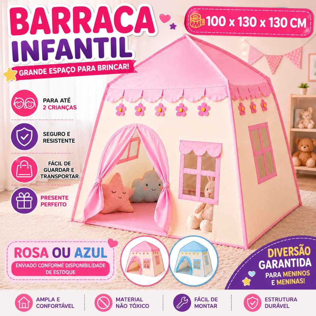 Barraca Infantil Casinha Dobrável Menino Menina Grande 100x130x130cm