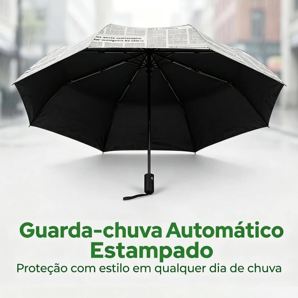 Guarda Chuva Automático Estampa de Jornal, Abre e Fecha com 1 Clique, Impermeável