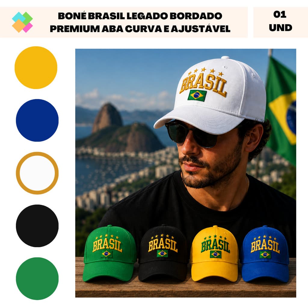 Boné Brasil Legado Bordado Premium com Bandeira Aba Curva Unissex