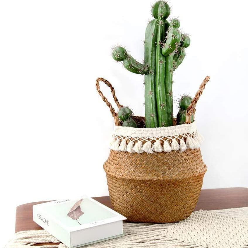 Cesta de vaso de flores tecido de palha, cesta de flores dobrável, saco de chão para plantas, cesta de artigos diversos