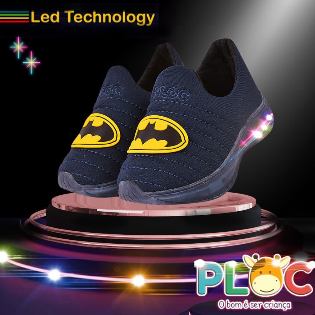 Tênis Led Infantil Luzinha Menino Meia Calce Fácil Leve Flexível Anatômico PLOC LED40 - MARINHO BATMAN BRASÃO