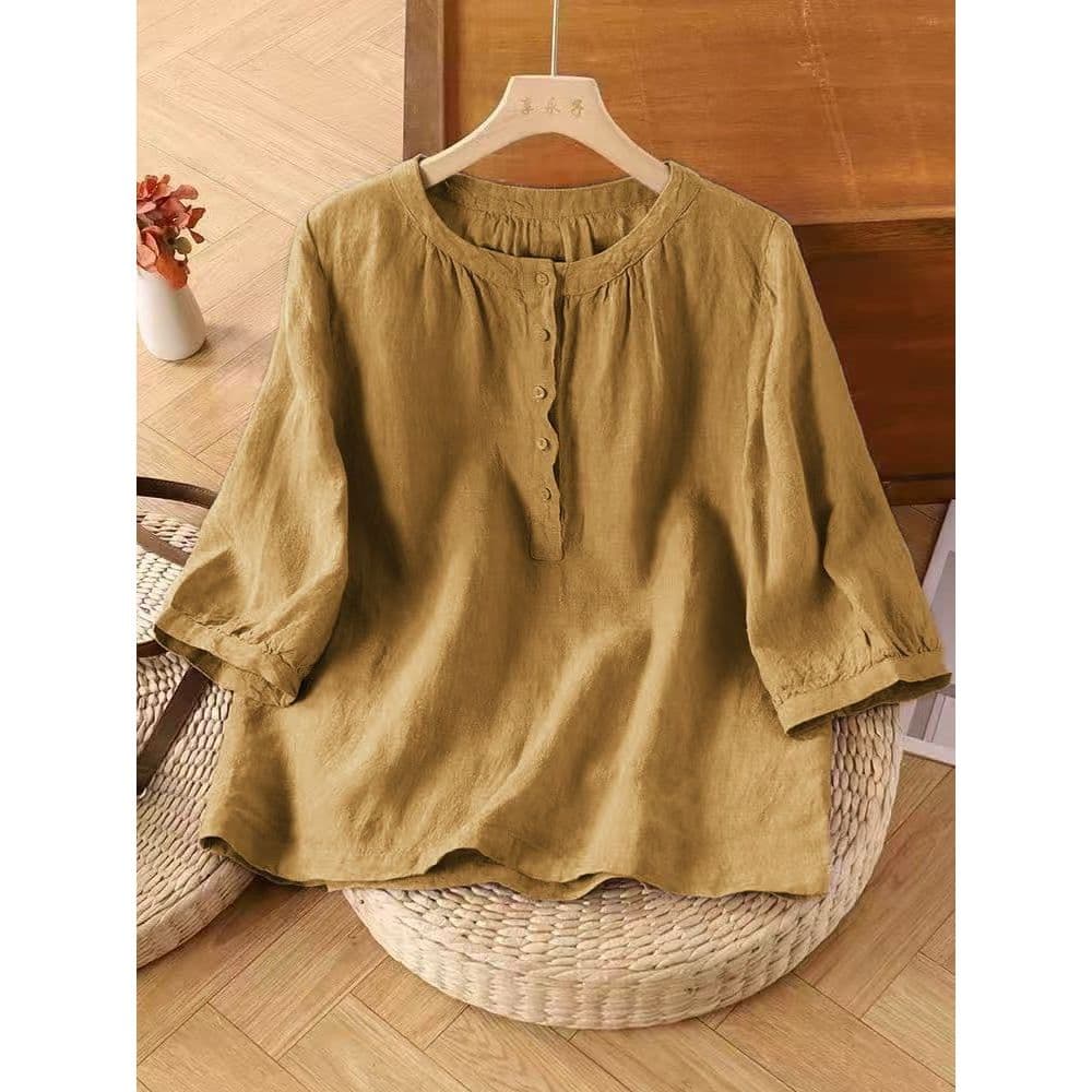 Tamanho grande mãe de meia-idade literária em torno do pescoço cor sólida camisa de linho blusa verão manga média solta