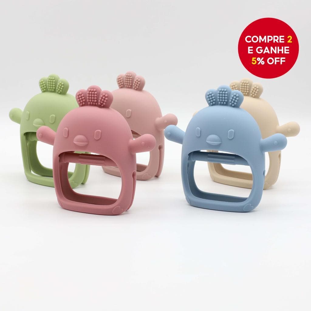 Novo mordedor de silicone alimentar para bebês, com formato de frango, fácil de segurar e limpar.
