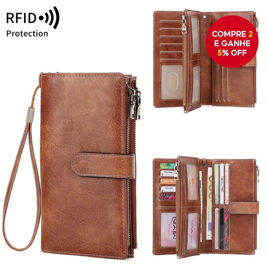 RFID Blindagem Carteira Feminina Retro Três Dobras Longa Multifuncional Grande Capacidade Duplo Zíper Embreagem Bolsa Ti