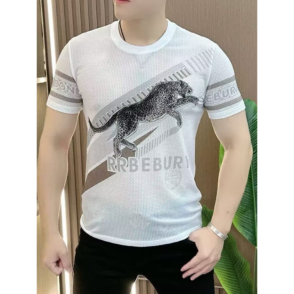Camiseta masculina de manga curta, gola redonda, seda gelada, 2025, verão, novo estilo, moda masculina, estilo fino, res