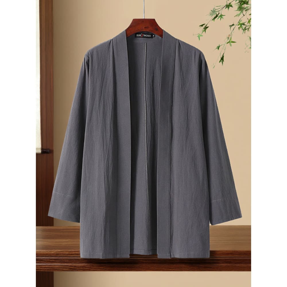 Cardigan de linho de algodão estilo chinês primavera outono Hanfu capa externa masculina de linho roupas masculinas mais