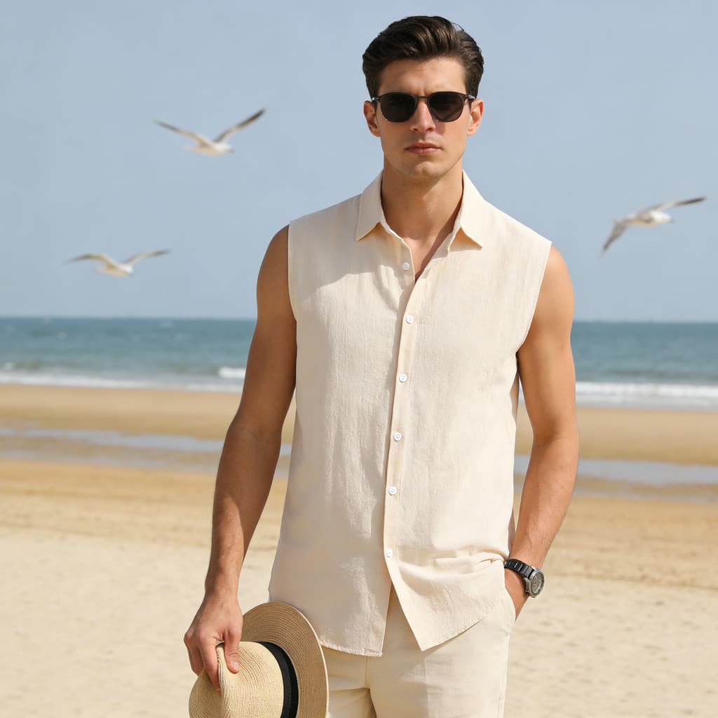 Verão estilo europeu americano masculino gola Polo botão-Up topo masculino sem mangas camisa masculina cor sólida confor
