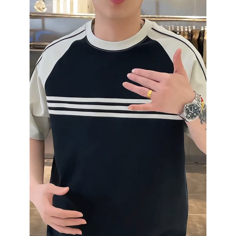 Verão novo estilo de manga curta em torno do pescoço camiseta masculina estilo contraste cor listrado Design moda tendên