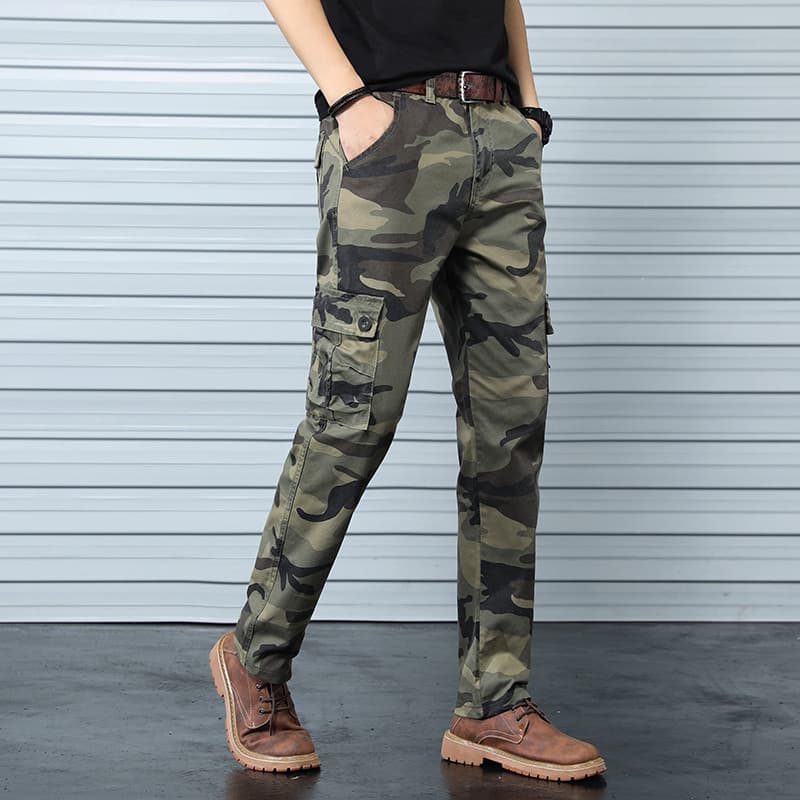 Primavera algodão elástico macacão camuflagem calças masculinas Multi-bolso em linha reta solta ao ar livre calças casua