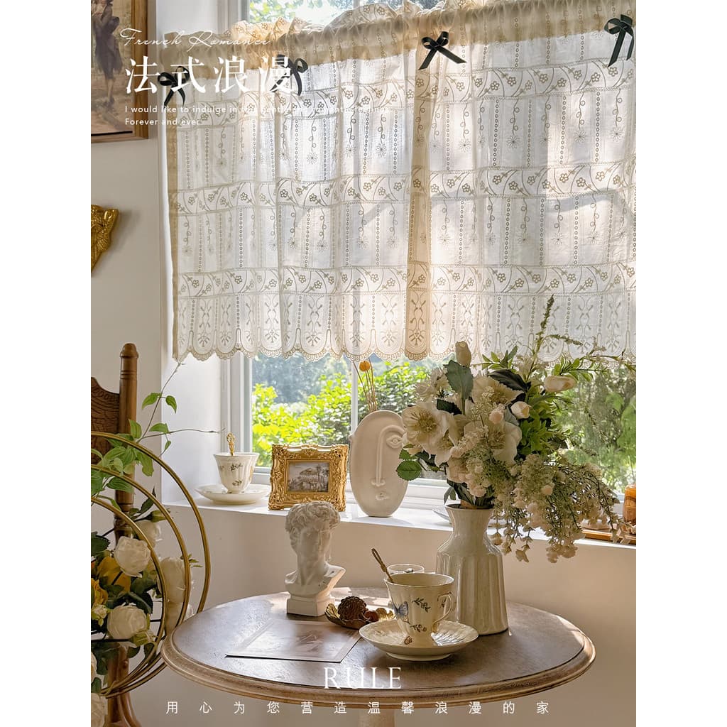 Americano Pastoral meia cortina francês bordado arco porta cortina pequena janela cozinha estilo europeu bloco cortina d