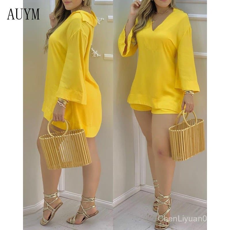 Conjunto Casual Feminino Solto 2026 com Mangas Sino e Decote em V, Shorts U5240 YORI