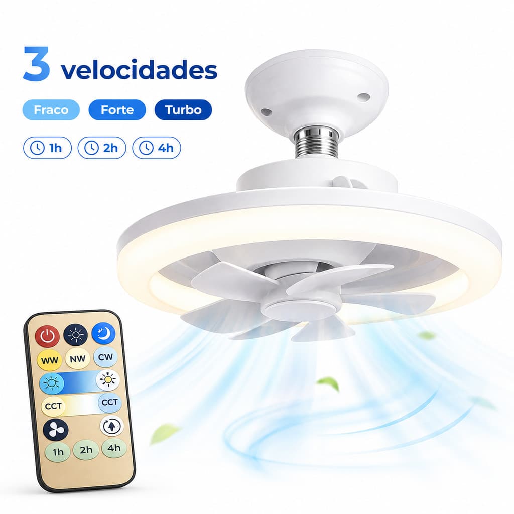 Lâmpada Ventilador E27 LED 360 para Casa com Controle Remoto