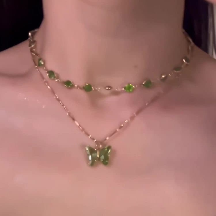 Colar Duplo de Borboleta Verde, Estilo Único, Corrente Versátil para Clavícula de Verão para Mulheres
