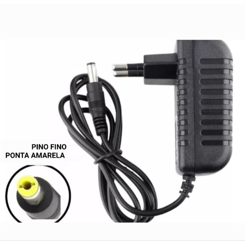 Fonte Carregador Caixa Som 9v 2a Pino Fino Amarelo Maxxi sound Lenoxx