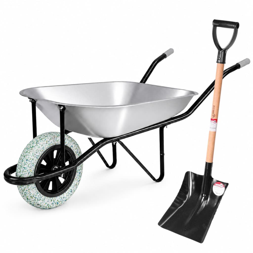 Kit Carrinho de Mão Reforçado 65L Pneu Maciço Galvanizado + Pá Quadrada De Obra Pedreiro Construção