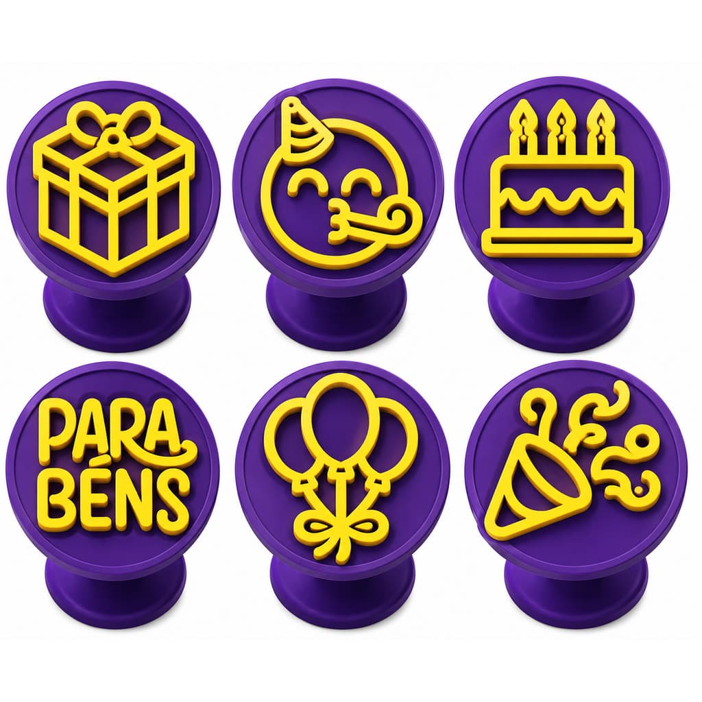 Kit 6 Carimbos para Doces Tema Aniversário, Festa Infantil, Festa de Criança, Docinhos Personalizados e Brigadeiros