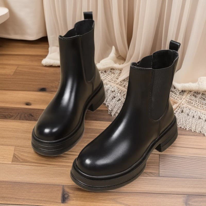 Botas curtas femininas de veludo preto elástico, estilo Chelsea, com salto grosso, para outono e inverno.
