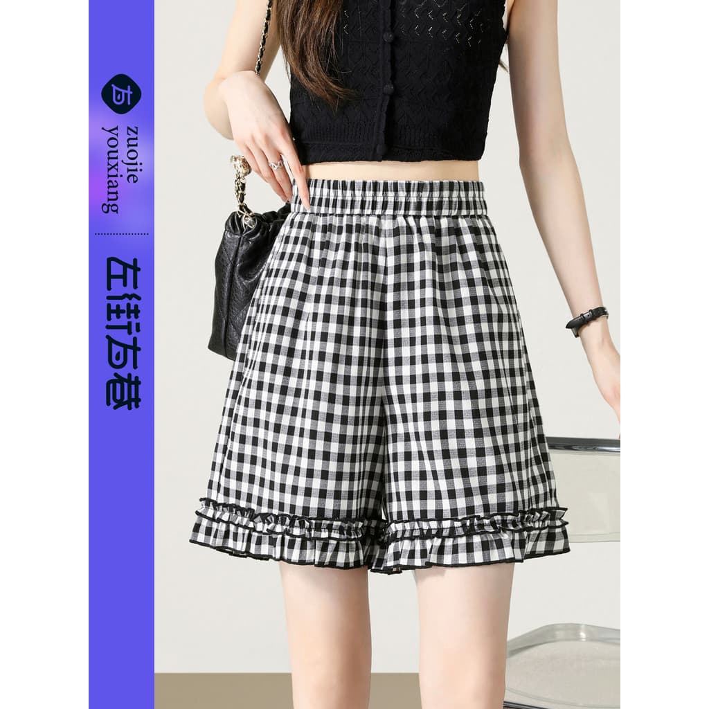 Preto branco xadrez flor Bud Shorts feminino verão estilo fino 2026 cintura alta novo estilo fungo borda cintura elástic