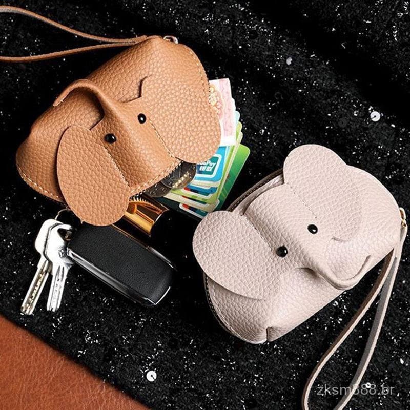 Bolsa de Moedas Feminina em Couro PU com Padrão de Elefante e Chaveiro, Bolsa de Armazenamento Multifuncional com Zíper