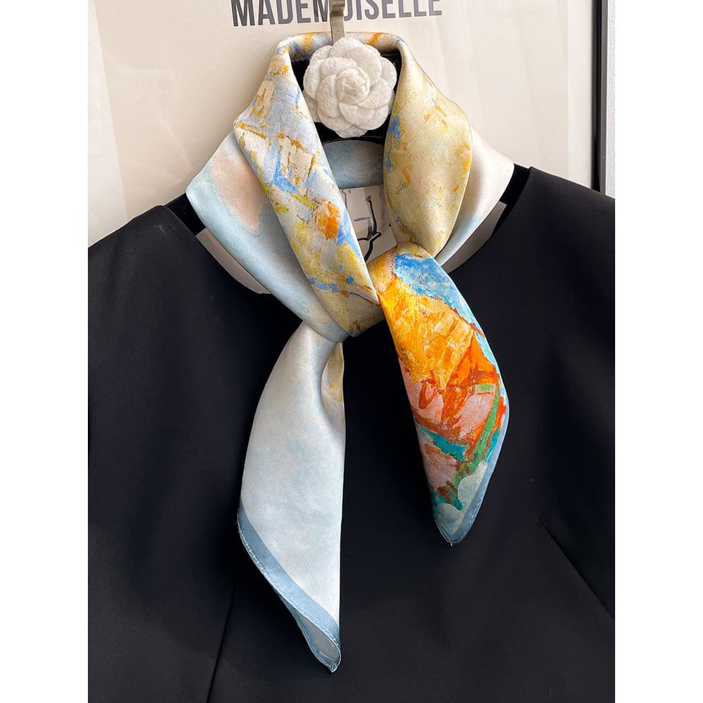 Hangzhou seda amoreira lenço de seda feminino pintura a óleo estilo gravata pescoço proteção pequeno lenço quadrado cach
