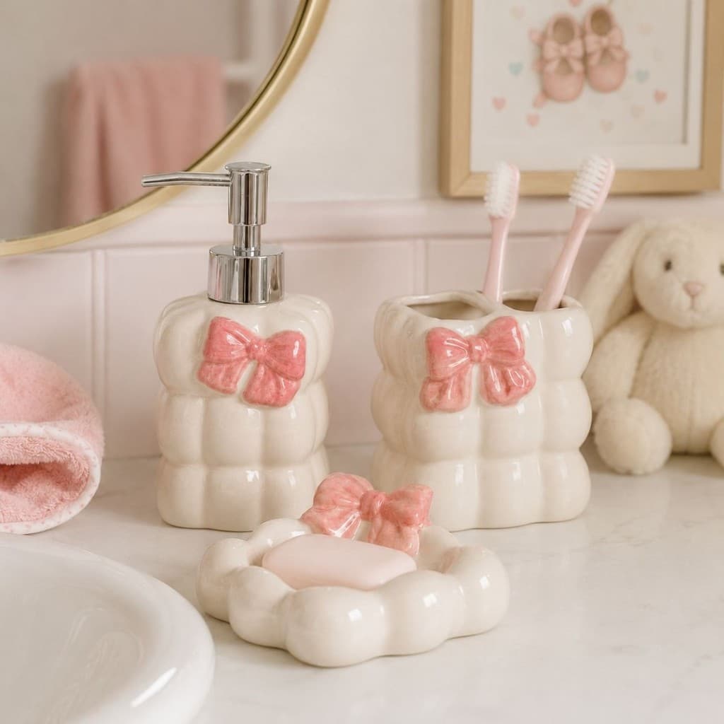 Kit Menina Higiene Banheiro Porcelana Cerâmica Laço Rosa Porta Sabonete e Escova Princesa Fofo