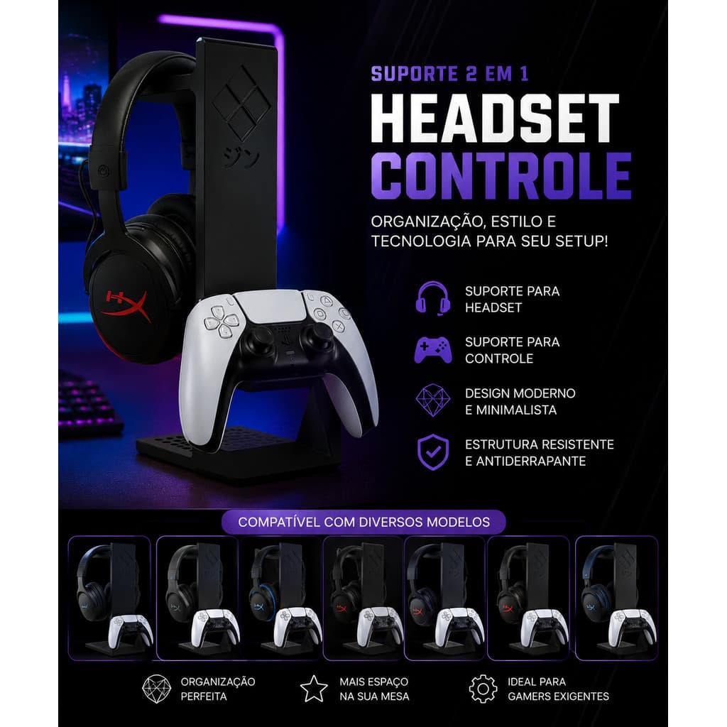Suporte Gamer 2 em 1 para Headset e Controle PS5 Xbox | Organizador Premium Setup Gamer