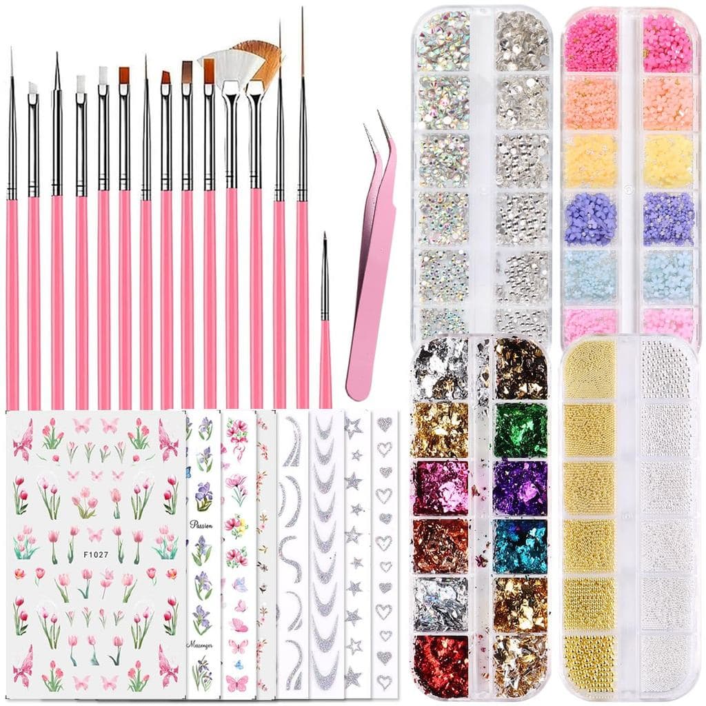 Kit de Design de Unhas - Pincéis de Arte, Ferramentas de Pontilhamento, Flores e Adereços 3D, Folhas de Ouro, Adesivos d
