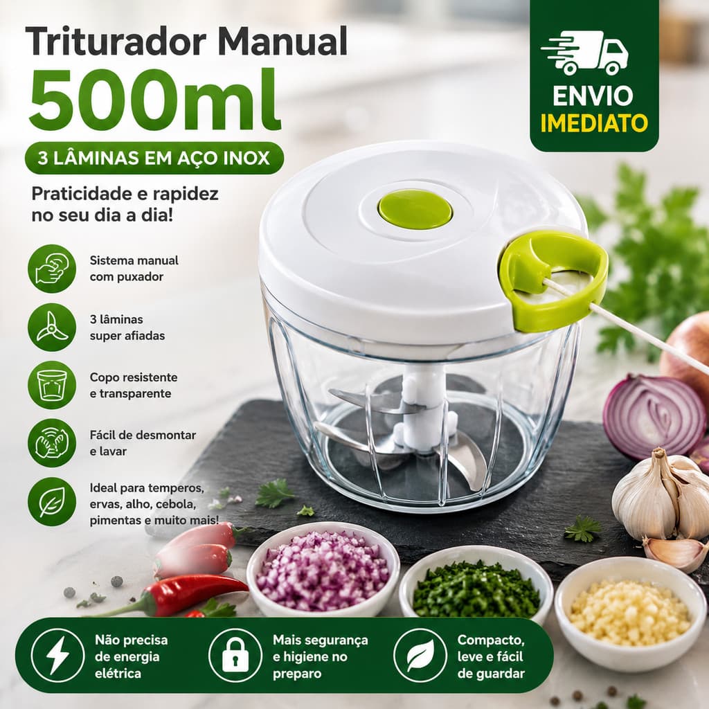 Triturador Manual 500ml 3 Lâminas Portátil Processador de Alimentos Prático