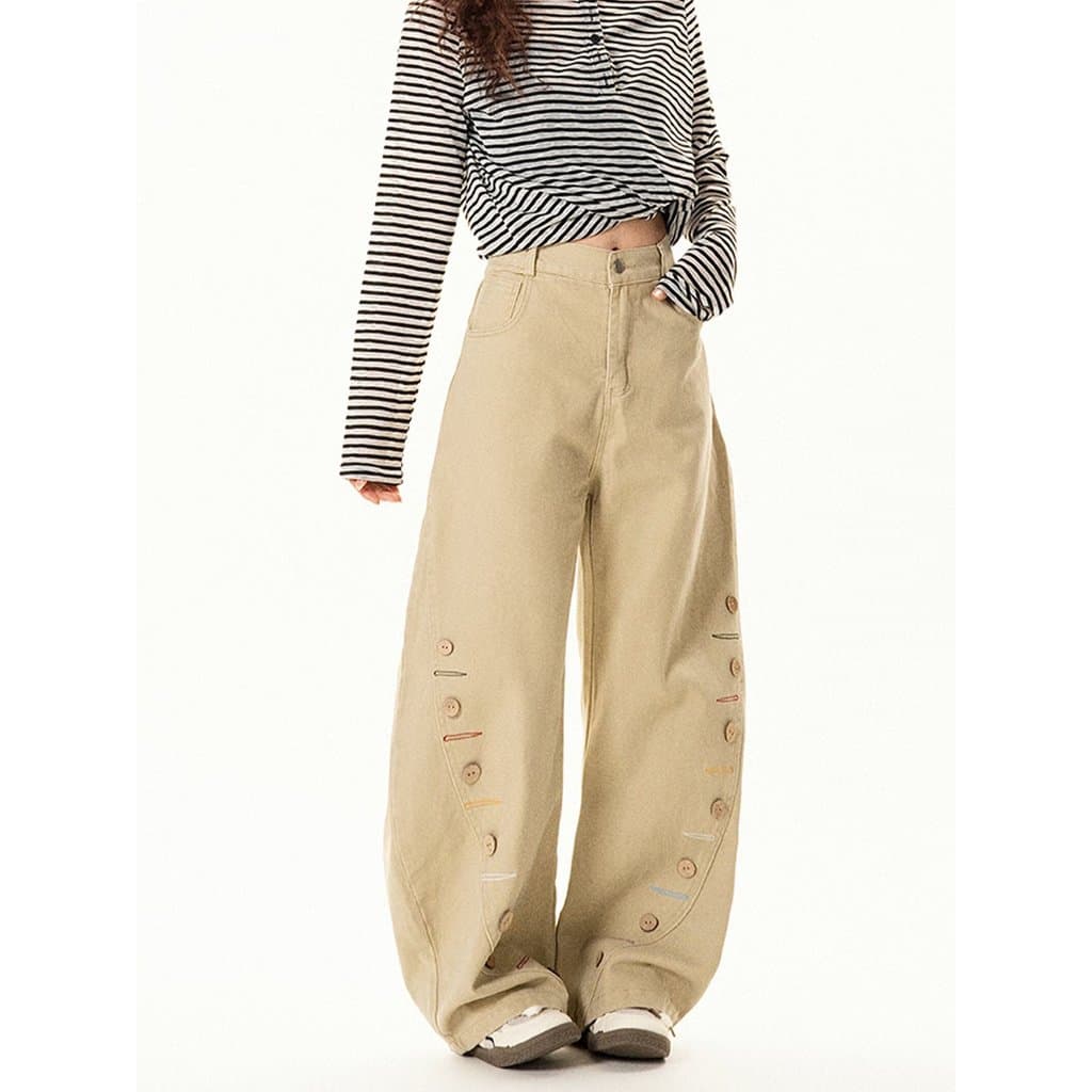 Americano Retro botão Machete calças Jeans feminino solto Drape Casual calças de perna larga Design sentimento calças de
